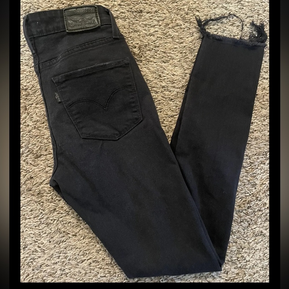 Levis 721 High Rise Skinny Womens Black Jeans Stretch Denim Size 25 Distressed